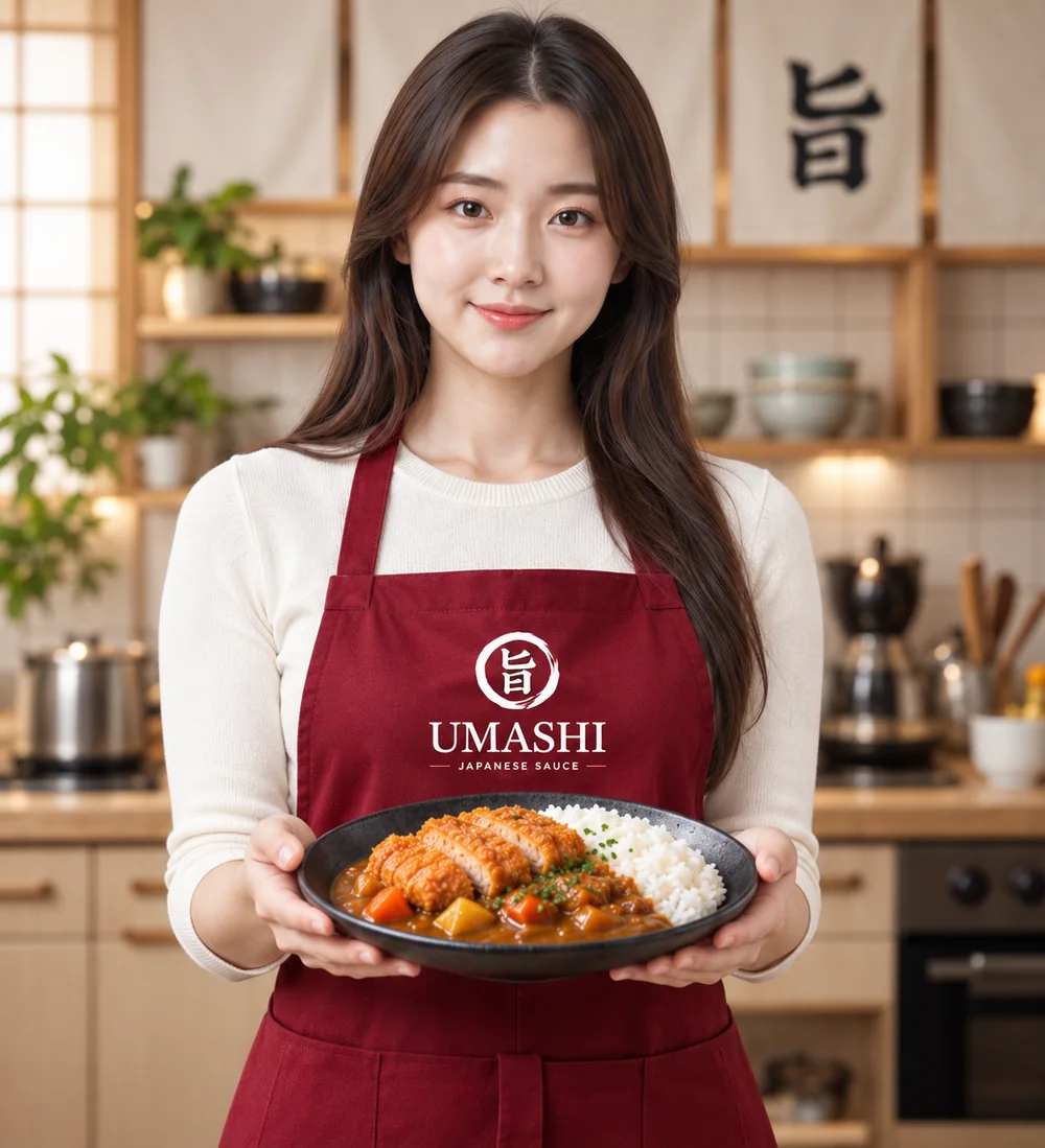 พรีเซนเตอร์ AI คนเดิมของ UMASHI ถือข้าวแกงกะหรี่ในครัวญี่ปุ่น